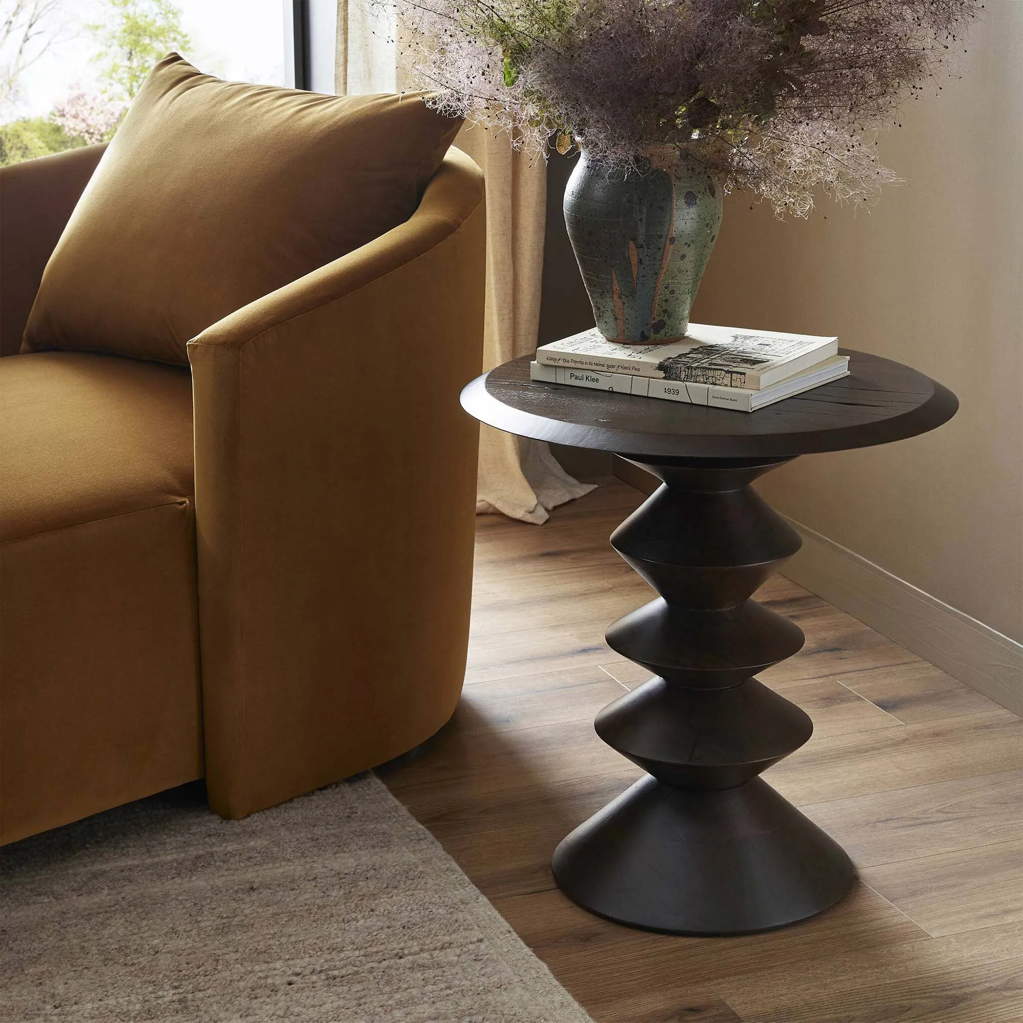 Langston Round Pedestal End Table - Dark Brown, Reclaimed Wood