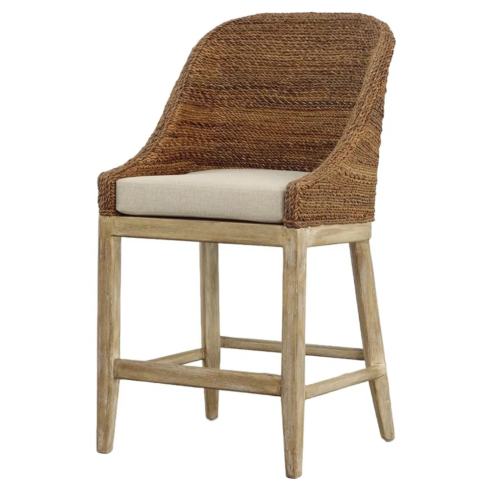 Larissa Counter Stool with Woven Rope Back - Cream, Oak
