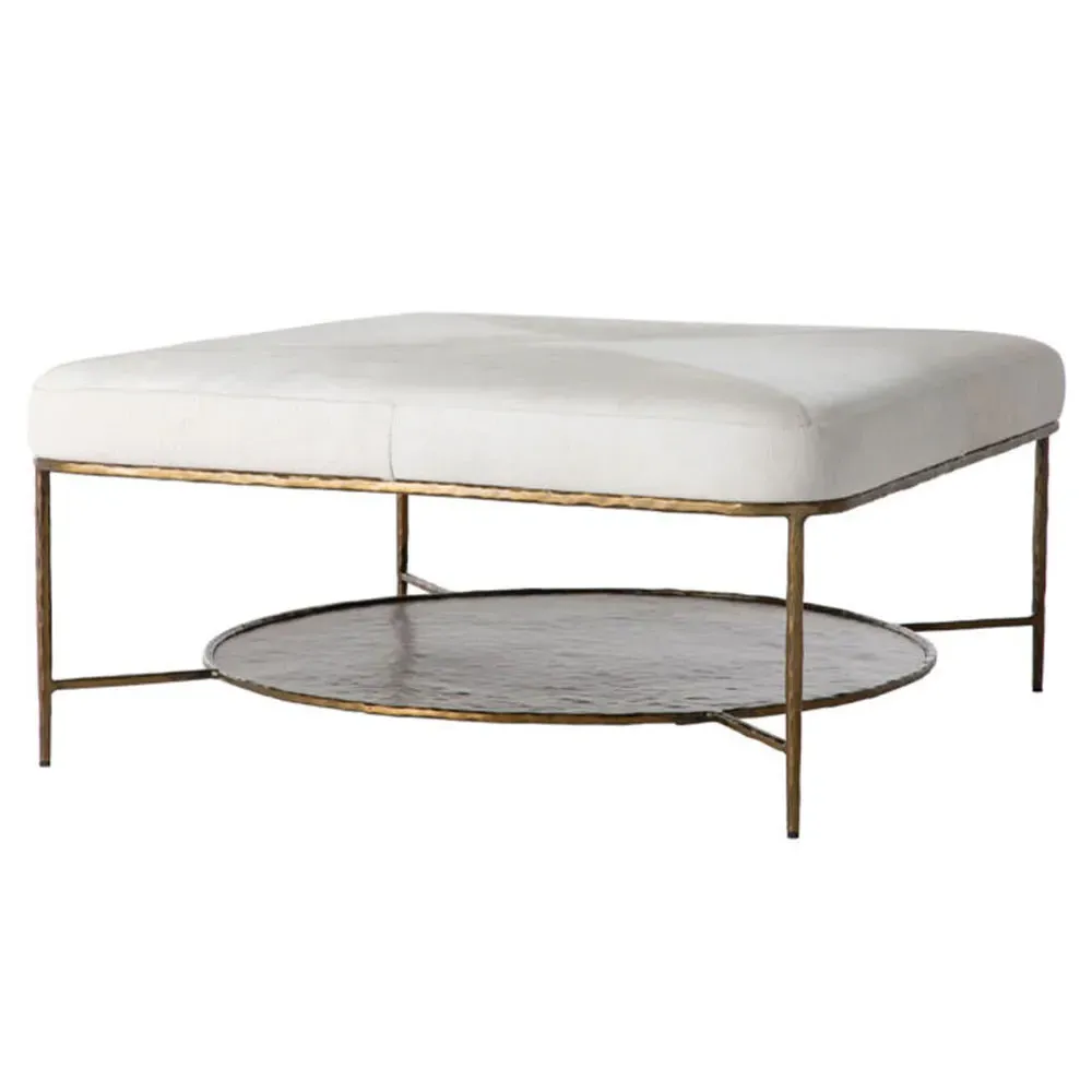 Laurie Upholstered Hair On Hide Iron Brass Frame Ottoman - White