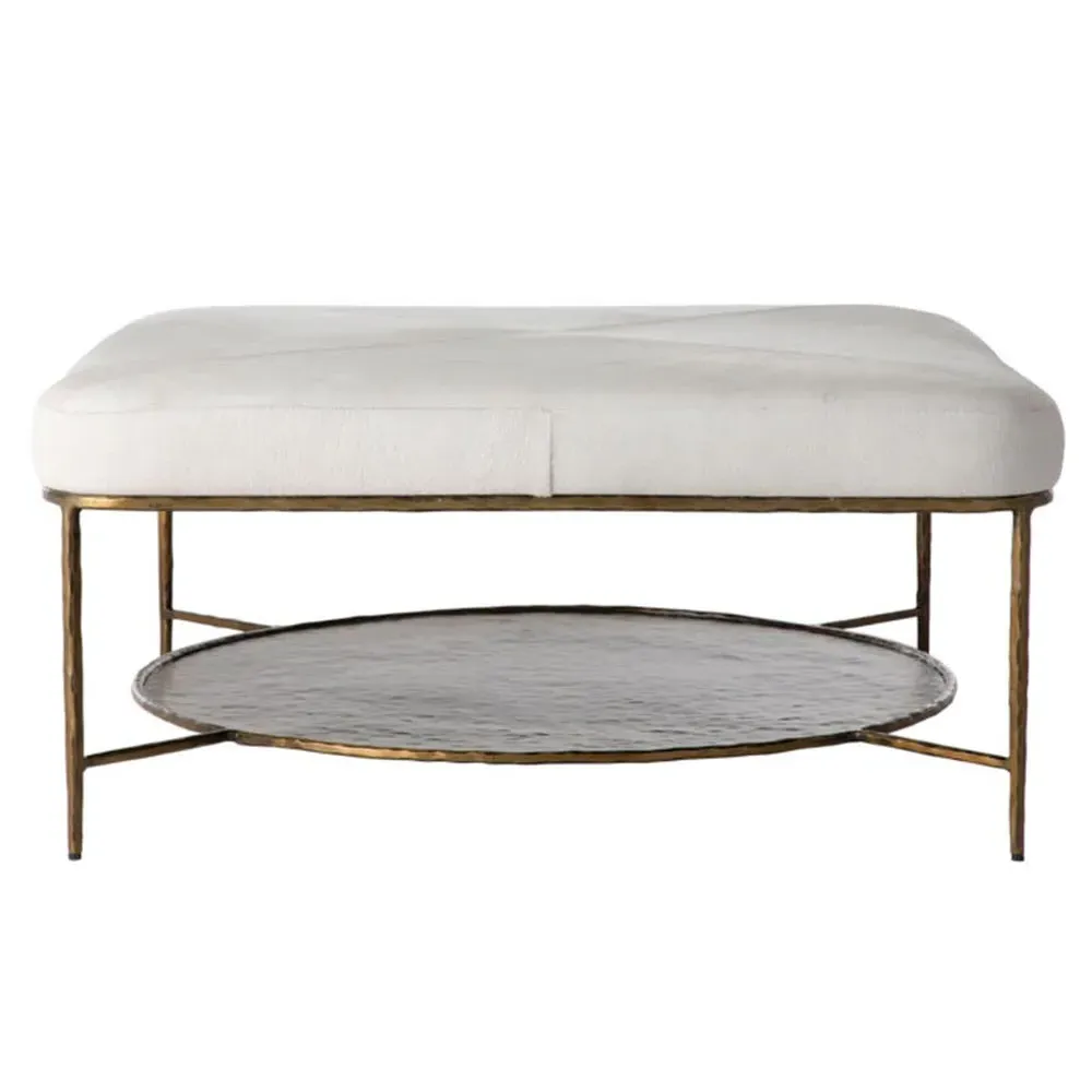 Laurie Upholstered Hair On Hide Iron Brass Frame Ottoman - White