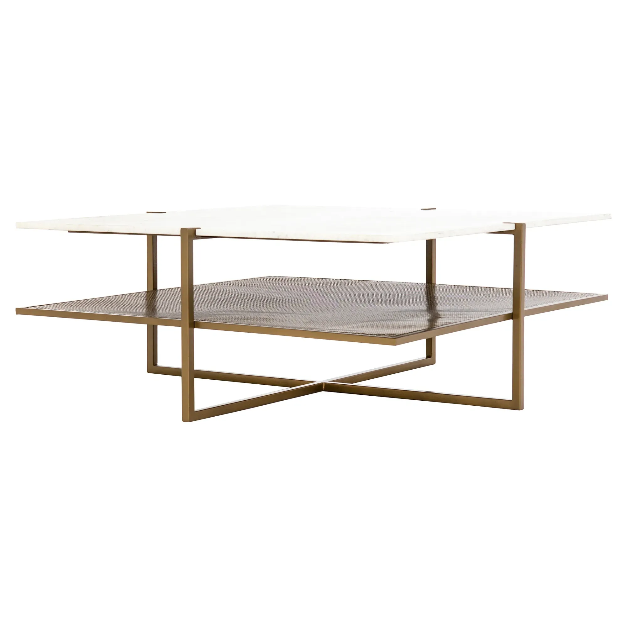 Lawrence Square Coffee Table - White Marble, Antique Brass