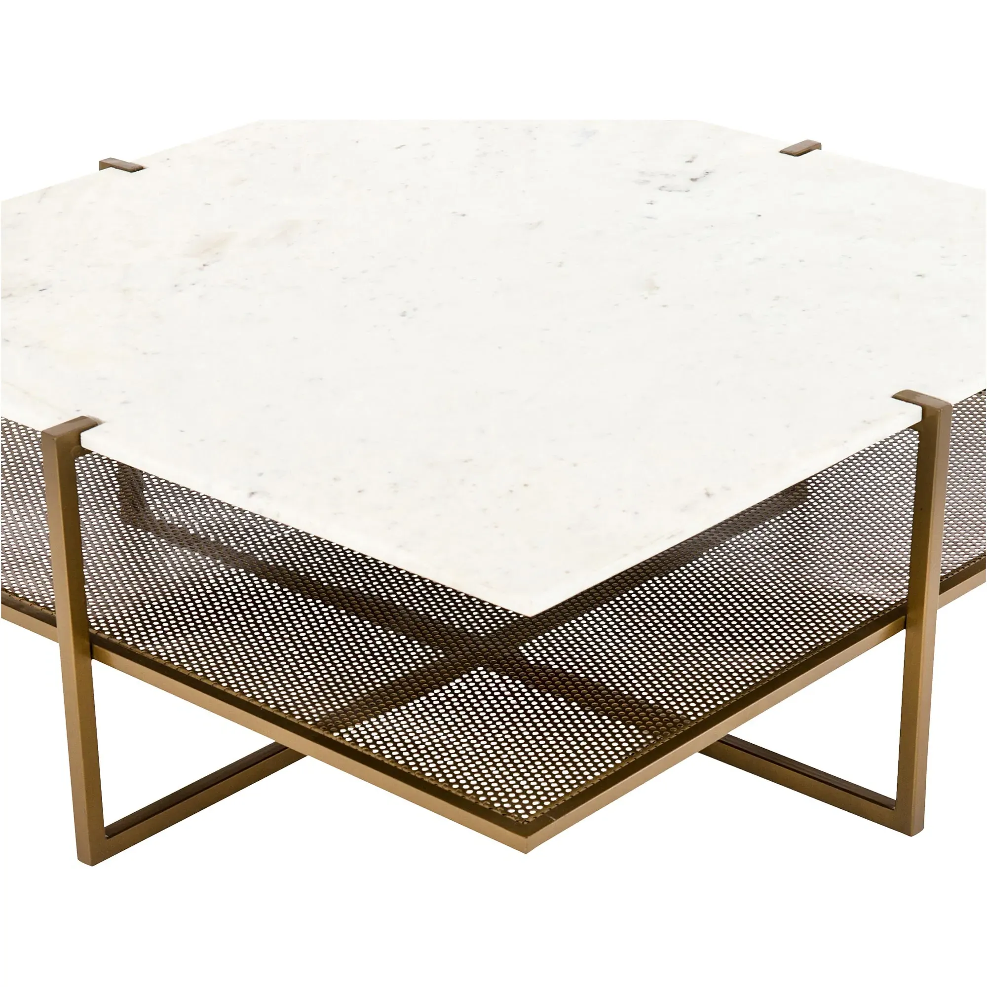 Lawrence Square Coffee Table - White Marble, Antique Brass
