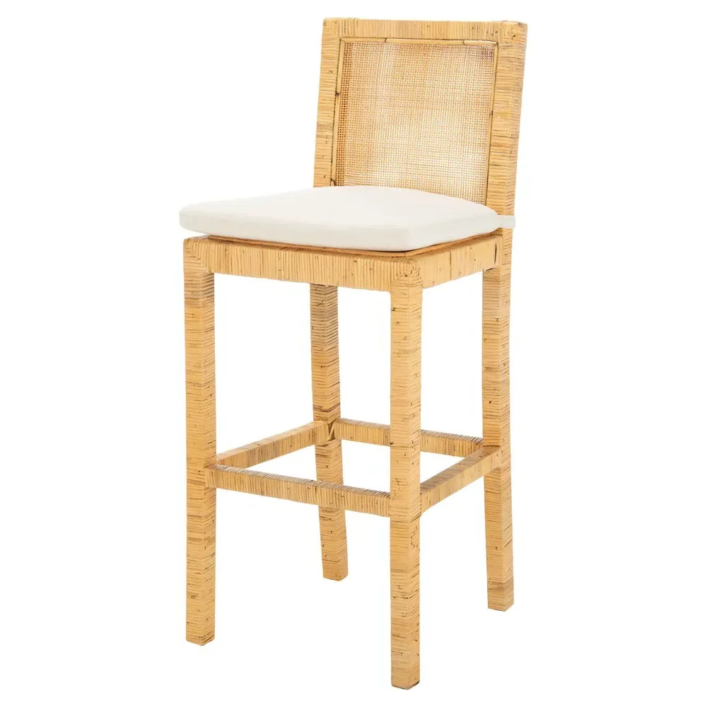 Layla Cane Woven Bar Stool - White, Mango Wood