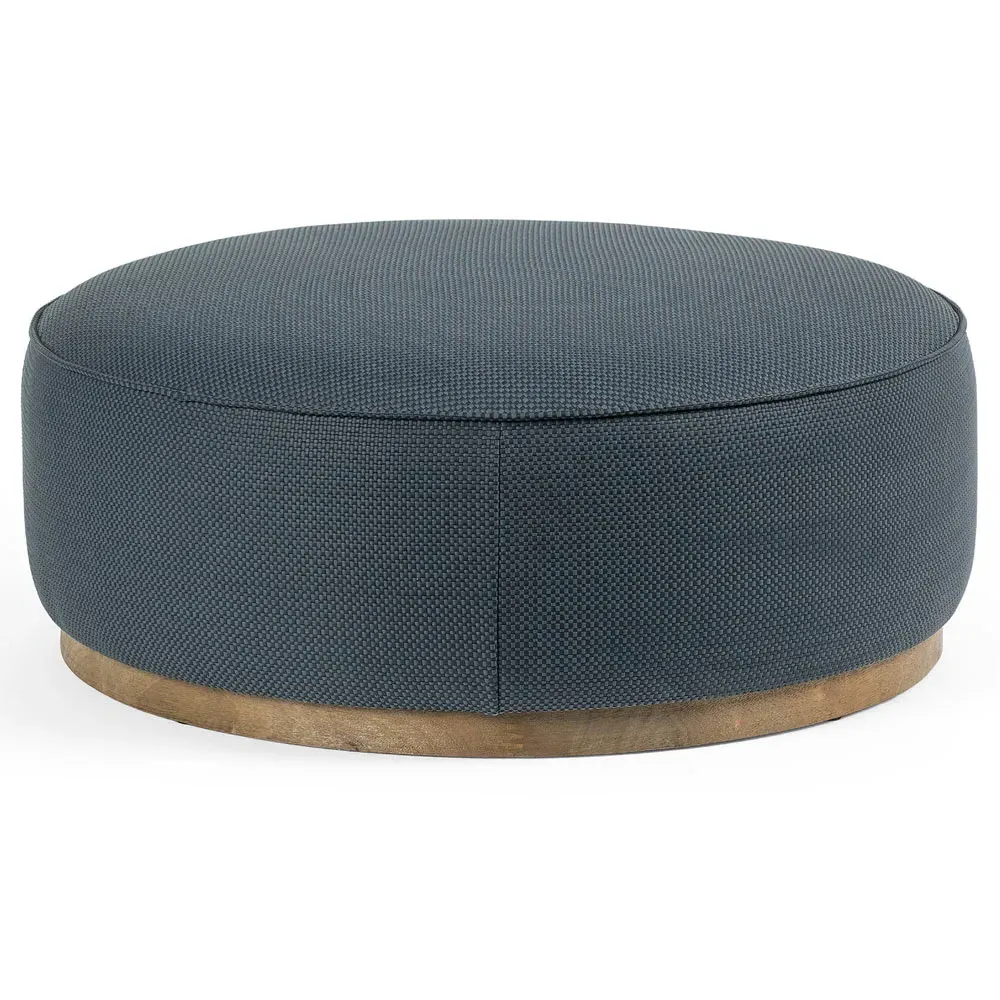 Leah Round Ottoman - Blue, Faux Leather