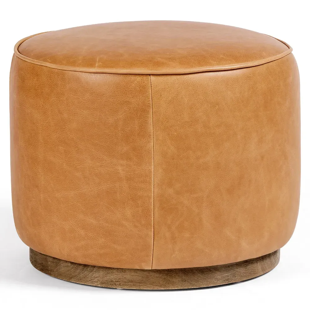 Leah Round Ottoman - Brown, Leather
