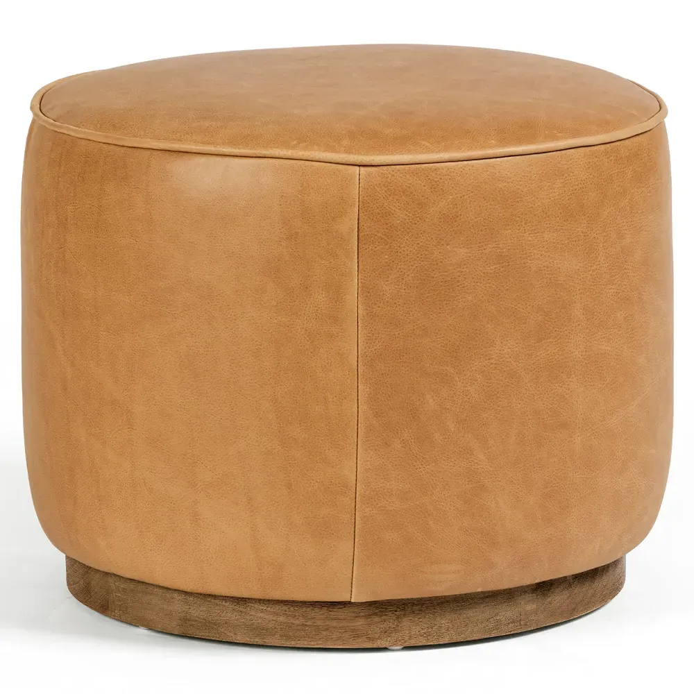 Leah Round Ottoman - Brown, Leather