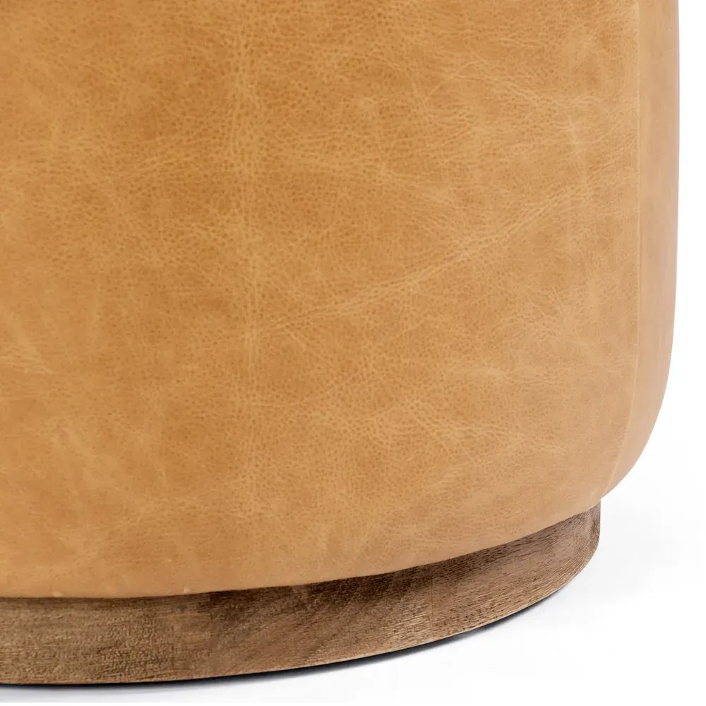Leah Round Ottoman - Brown, Leather