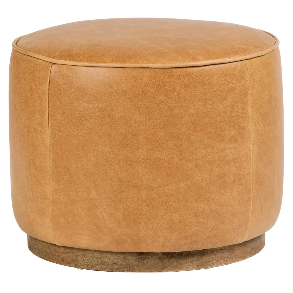 Leah Round Ottoman - Brown, Leather