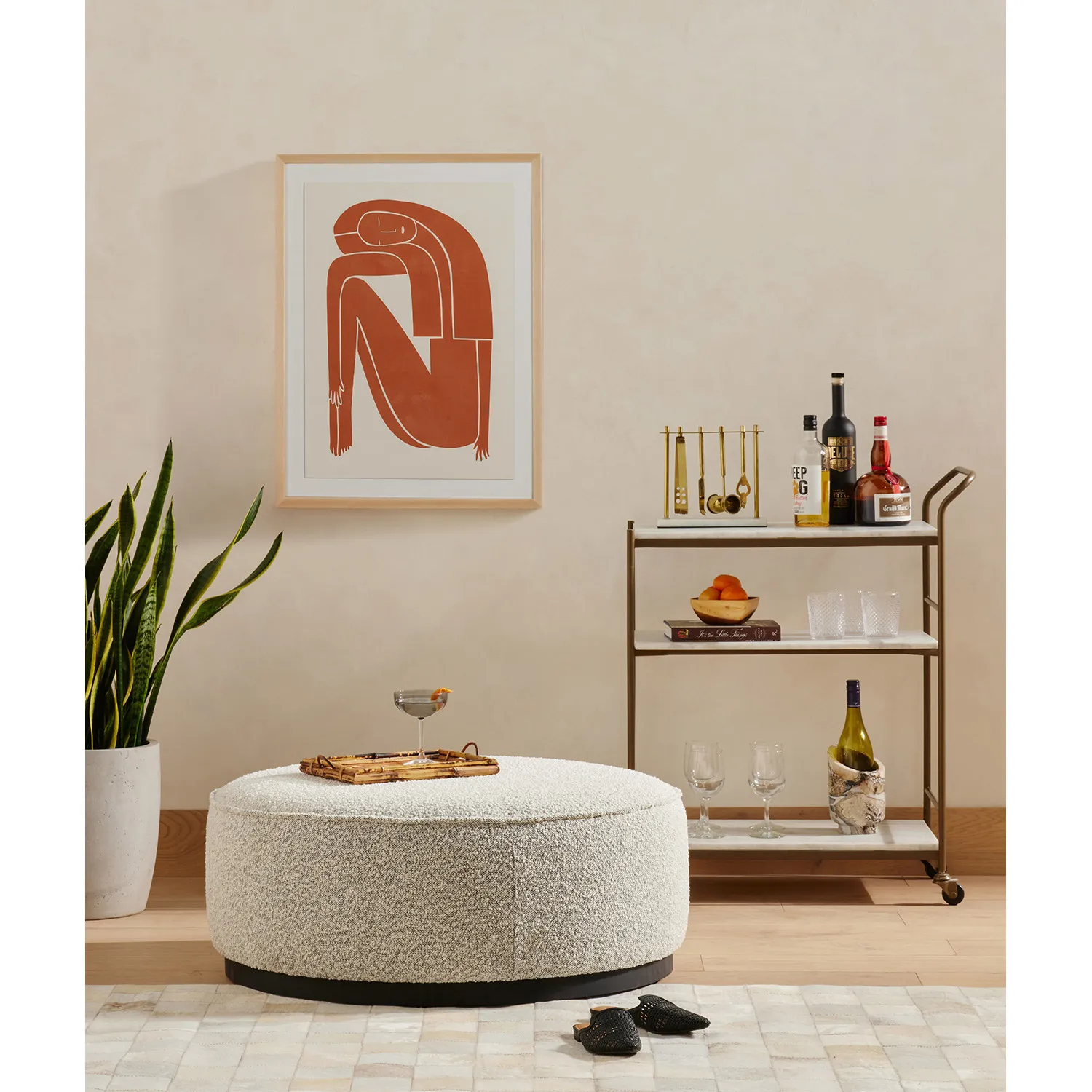 Leah Round Ottoman - Grey, Boucle