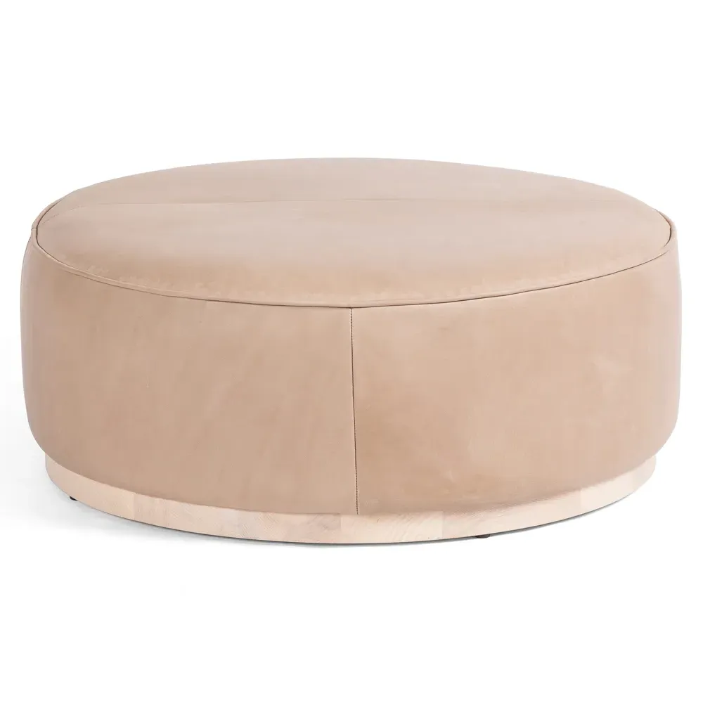 Leah Round Ottoman - Light Brown, Leather