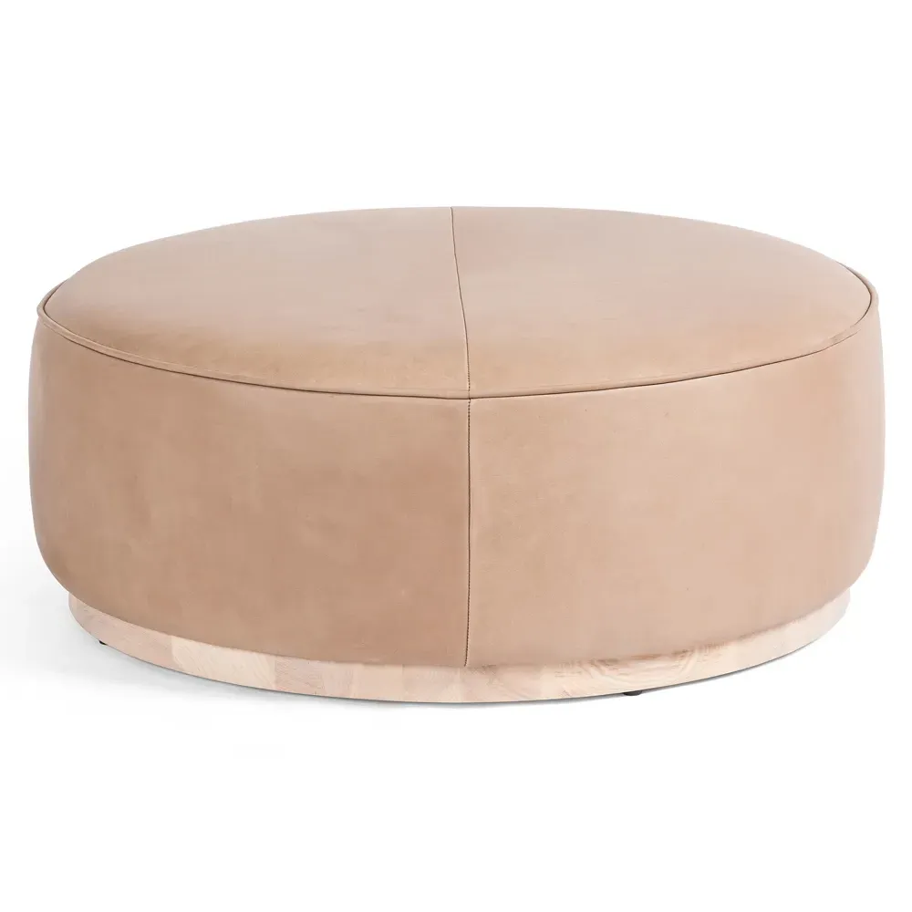 Leah Round Ottoman - Light Brown, Leather