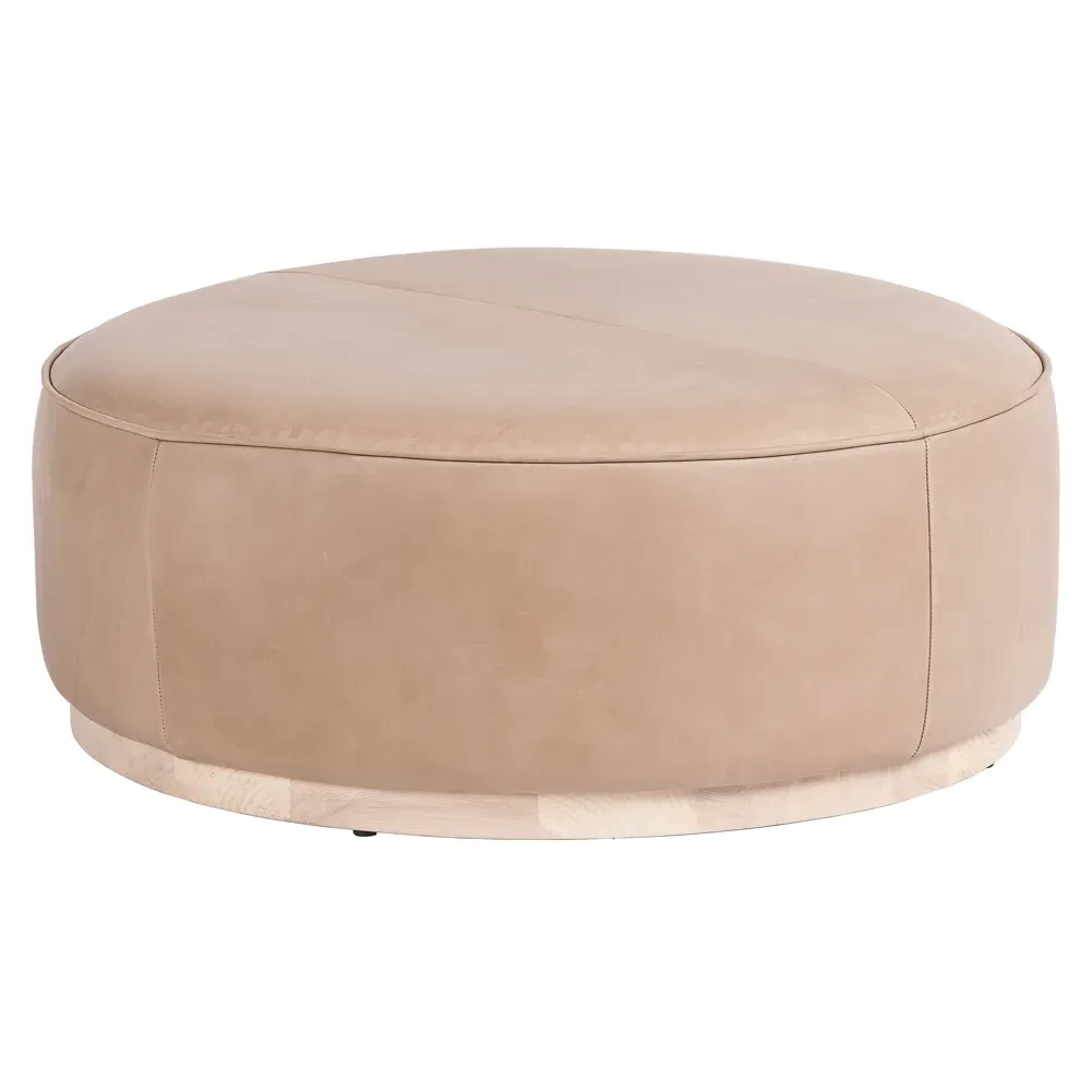 Leah Round Ottoman - Light Brown, Leather