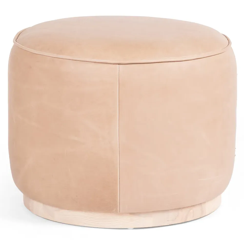 Leah Round Ottoman - Light Brown, Leather