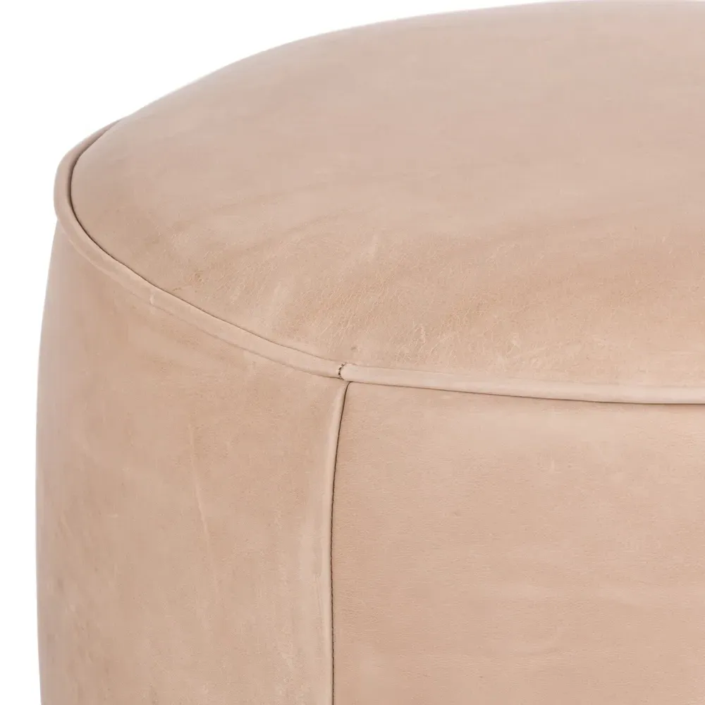 Leah Round Ottoman - Light Brown, Leather