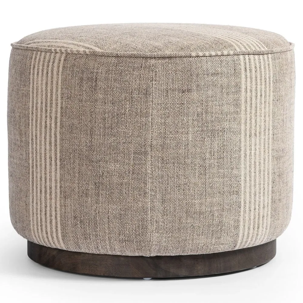 Leah Round Ottoman - Striped Grey, Linen