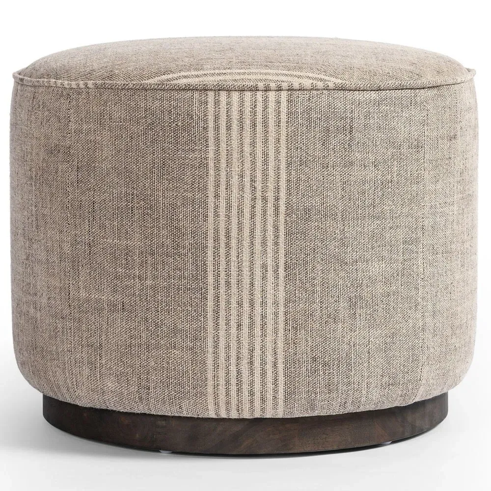 Leah Round Ottoman - Striped Grey, Linen