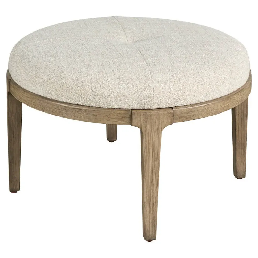 Leith Round Ottoman - Cream, Brown Wood