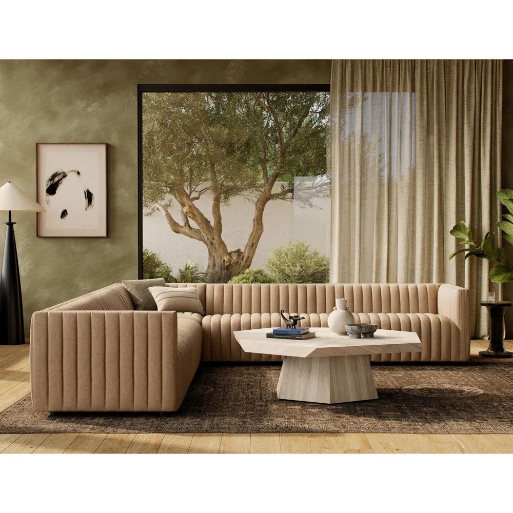 Leo Channel Tufted Corner Sectional - Beige, Leather