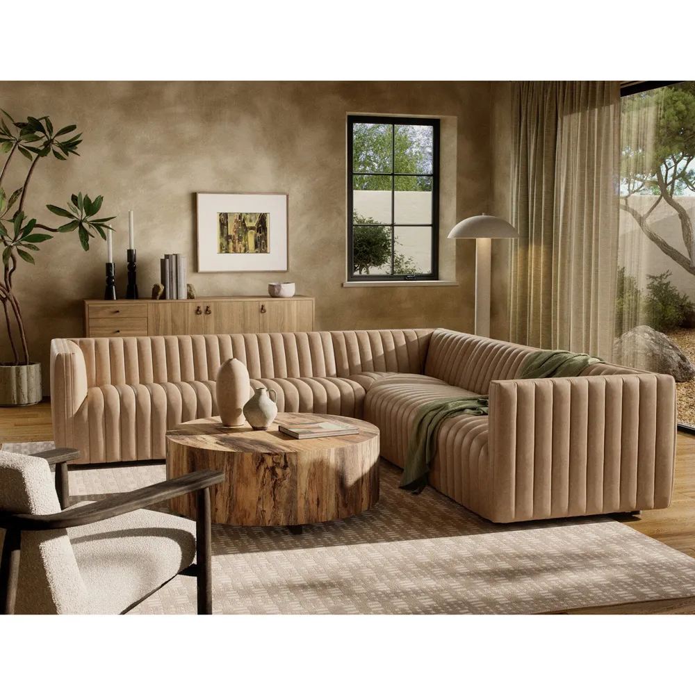 Leo Corner Channel Tufted Sectional - Beige, Leather
