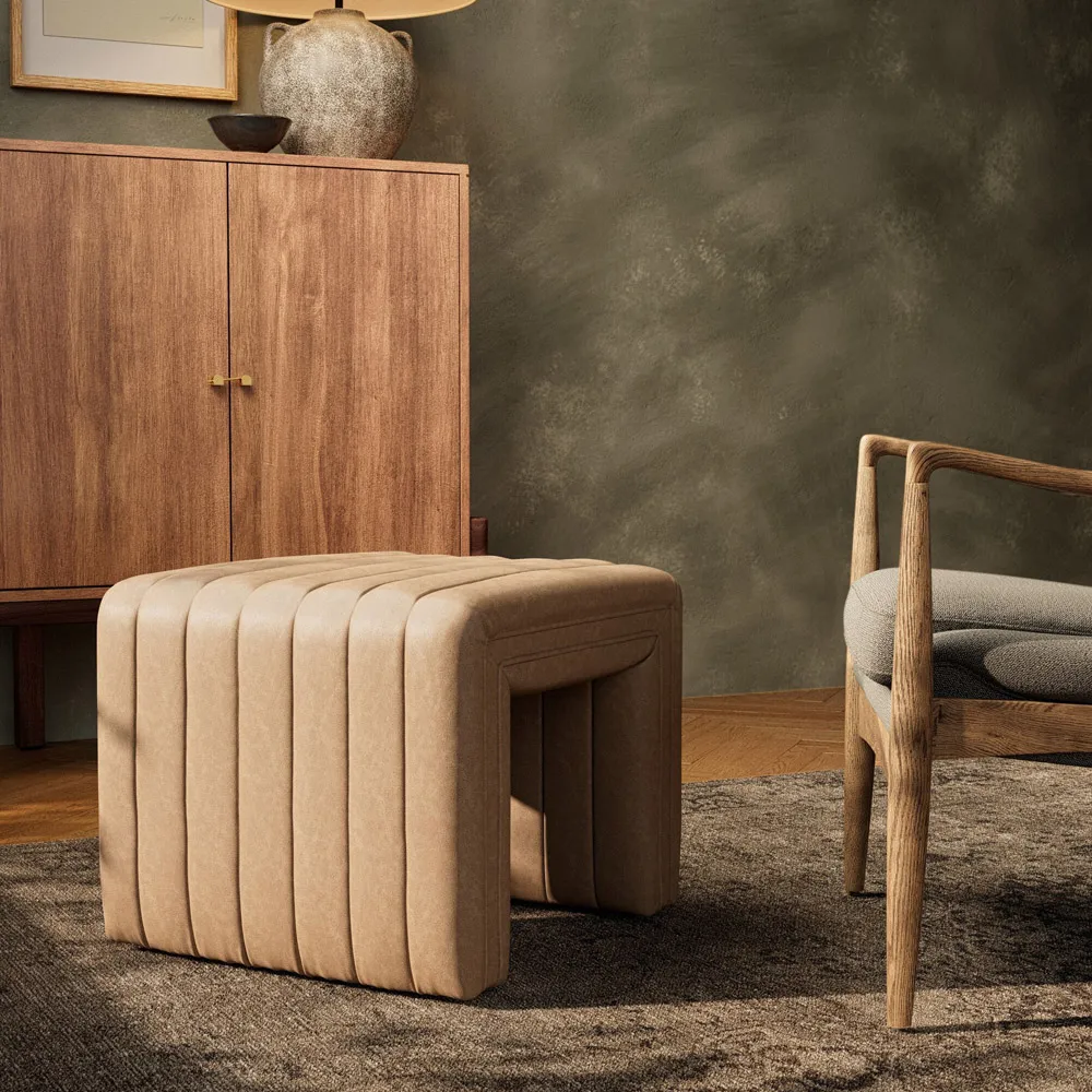 Leo Square Ottoman - Beige, Leather