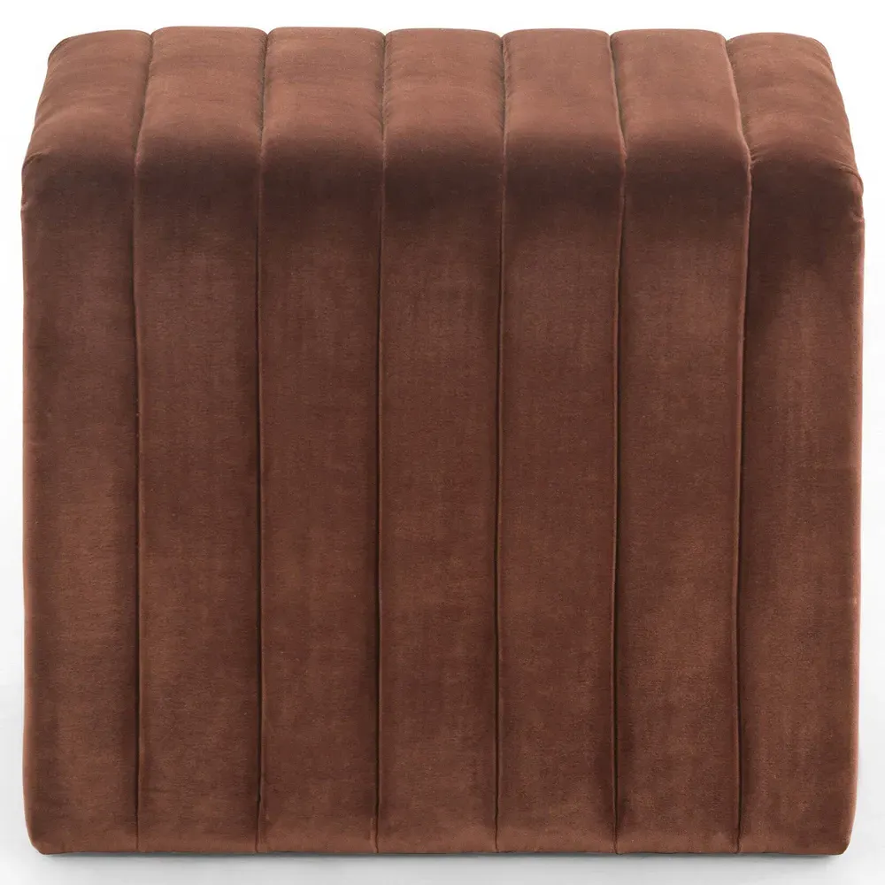 Leo Square Ottoman with Channel Tufting - Auburn Brown, Velvet