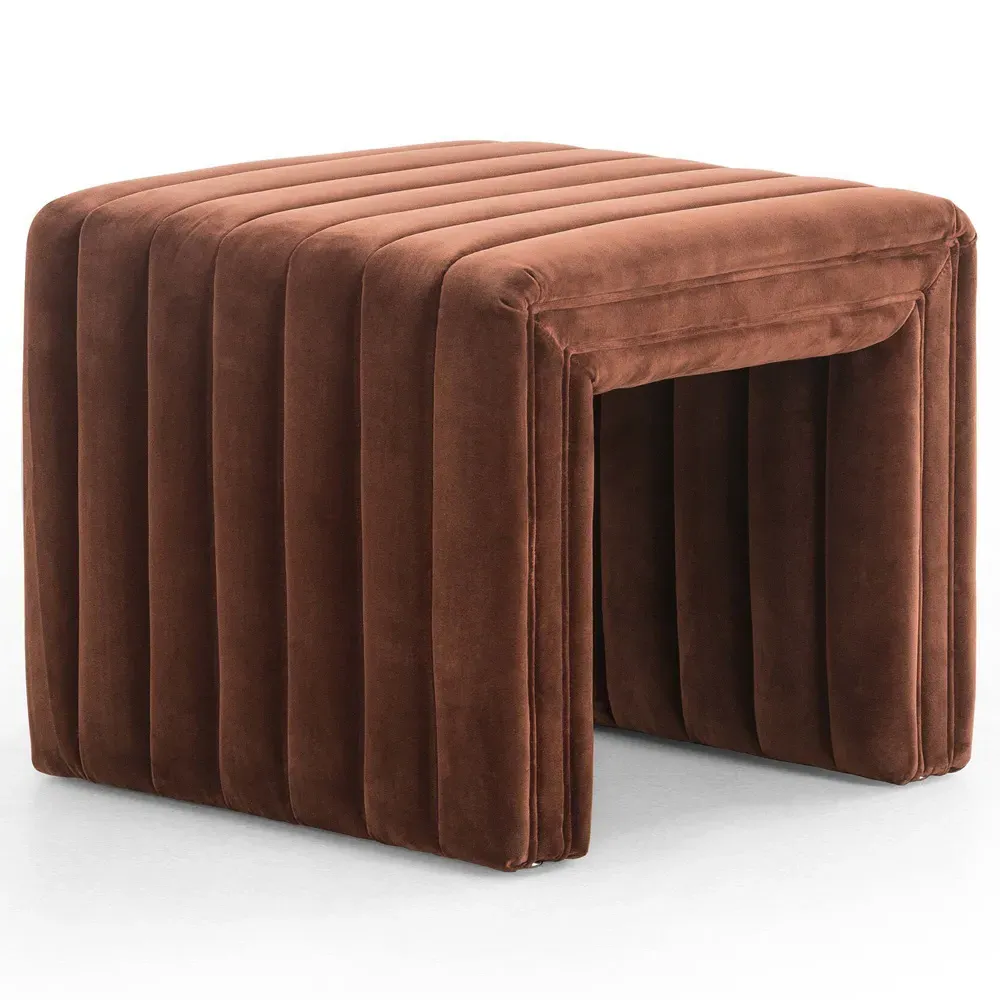Leo Square Ottoman with Channel Tufting - Auburn Brown, Velvet