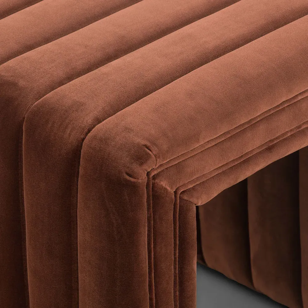 Leo Square Ottoman with Channel Tufting - Auburn Brown, Velvet