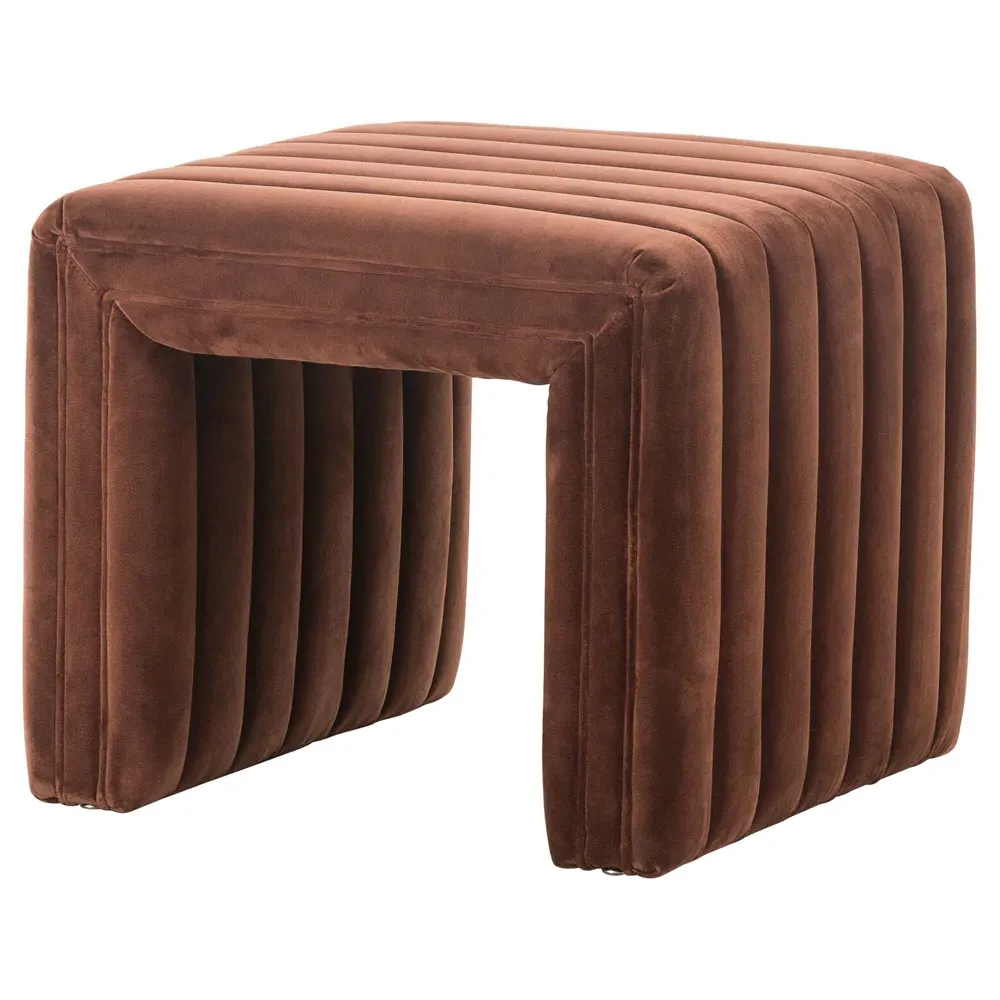 Leo Square Ottoman with Channel Tufting - Auburn Brown, Velvet image