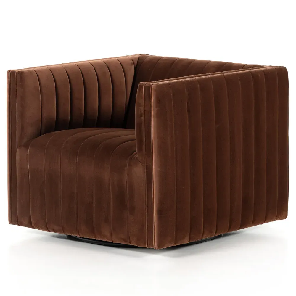 Leo Swivel Chair with Channel Tufting - Auburn Brown, Velvet
