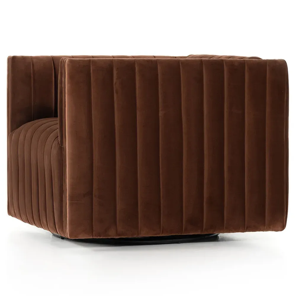 Leo Swivel Chair with Channel Tufting - Auburn Brown, Velvet