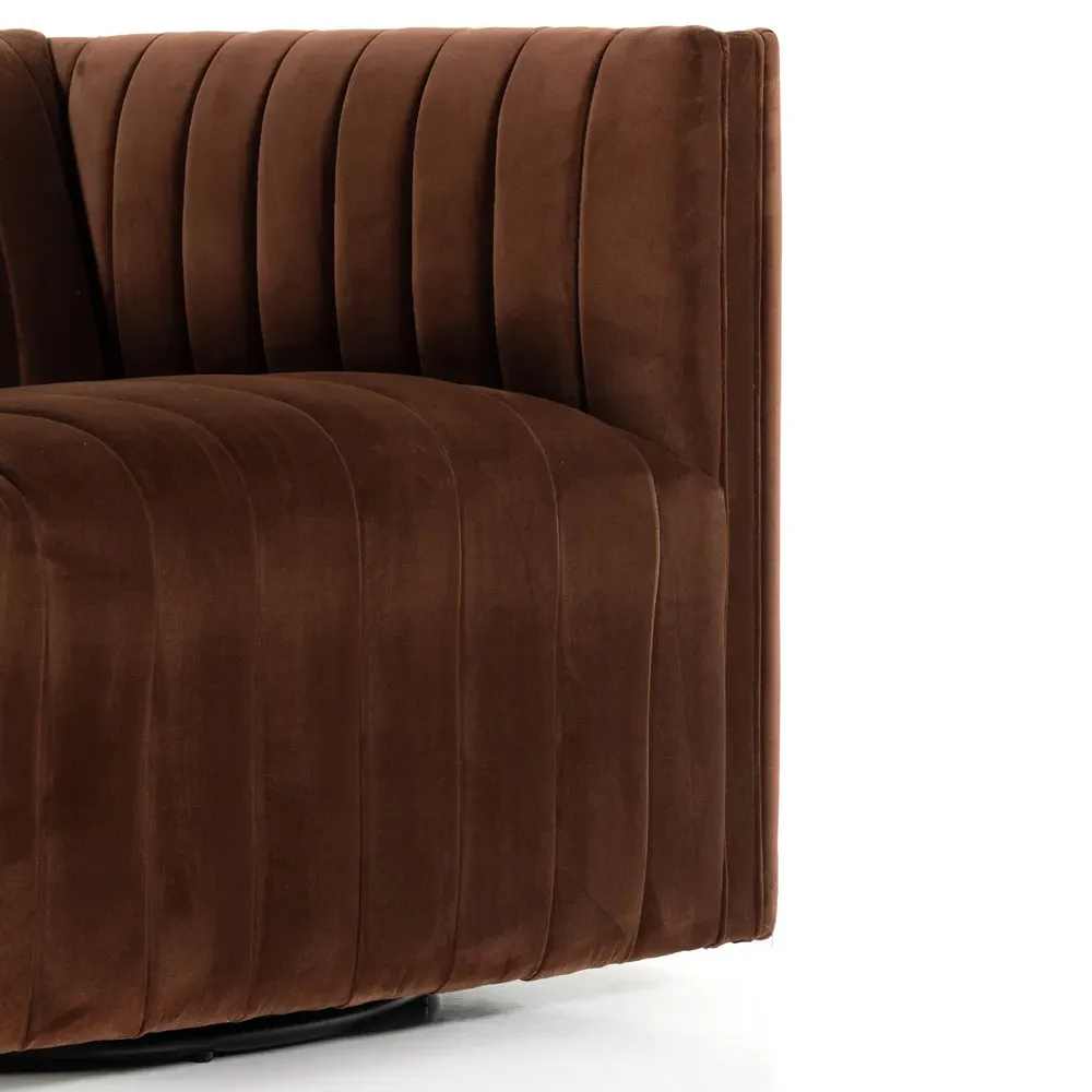 Leo Swivel Chair with Channel Tufting - Auburn Brown, Velvet