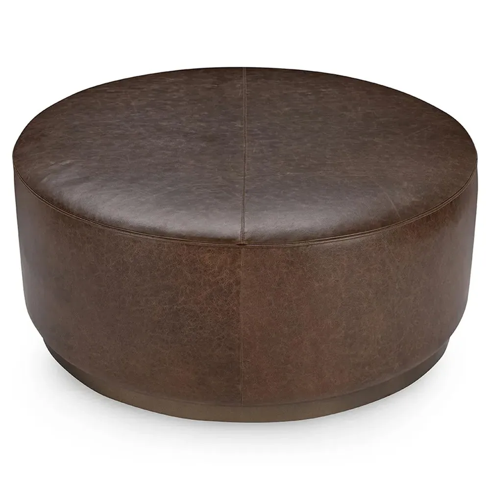 Leopold Round Cocktail Ottoman - Brown, Leather