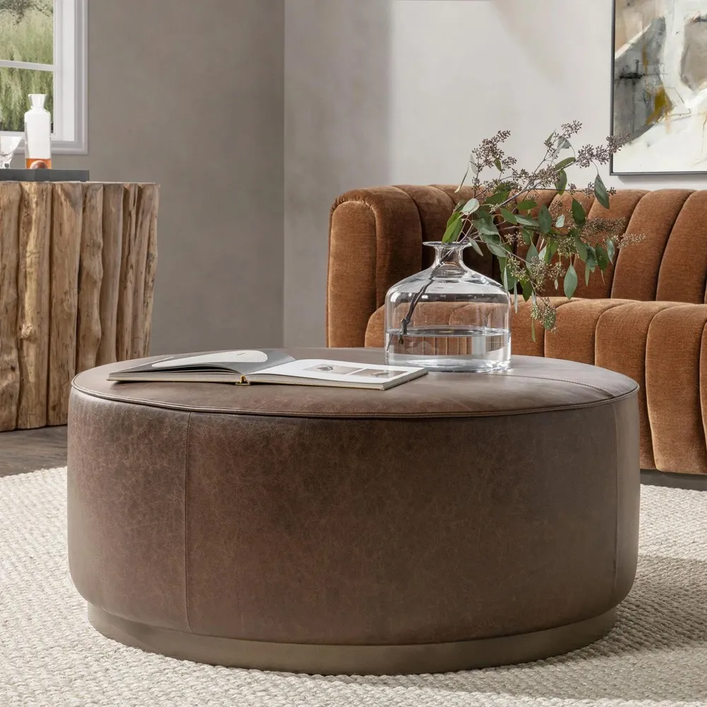 Leopold Round Cocktail Ottoman - Brown, Leather