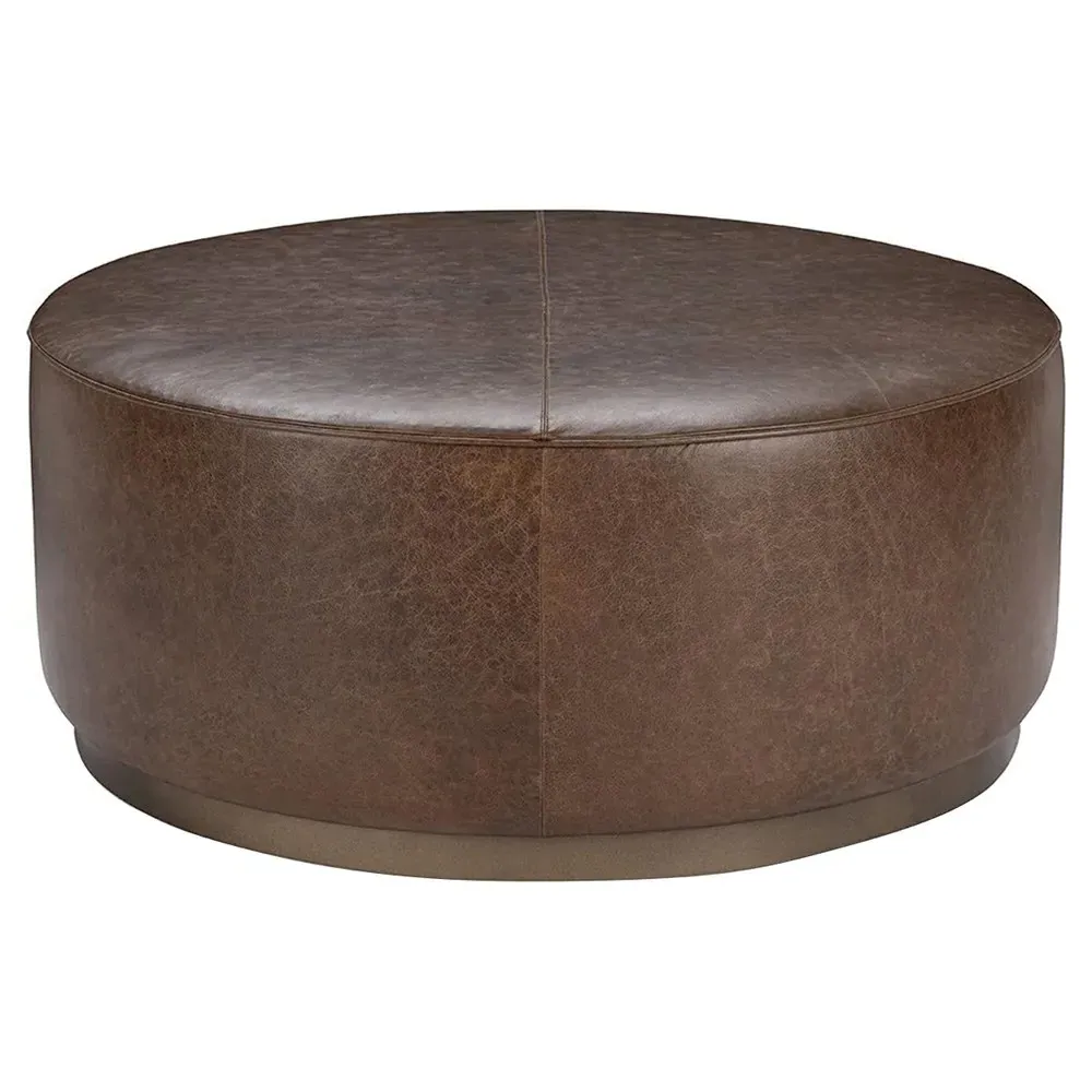 Leopold Round Cocktail Ottoman - Brown, Leather image