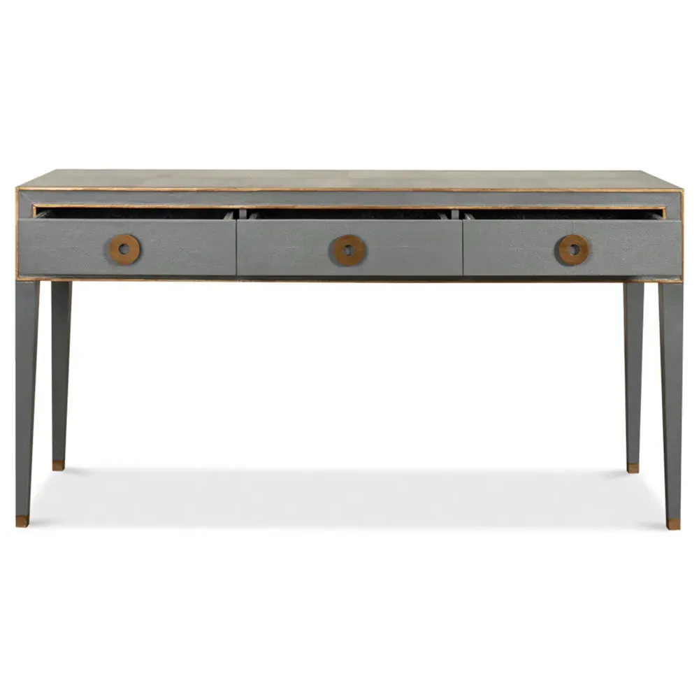 Levi 3 Drawer Console Table with Brass Accent - Grey, Shagreen