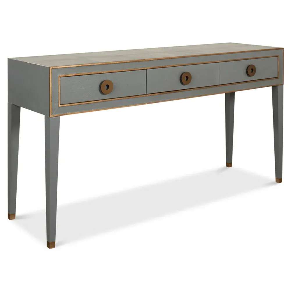 Levi 3 Drawer Console Table with Brass Accent - Grey, Shagreen
