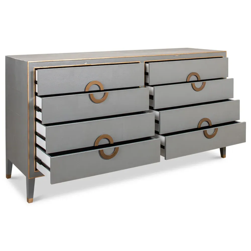 Levi 8 Drawer Double Dresser with Brass Accent - Grey, Shagreen