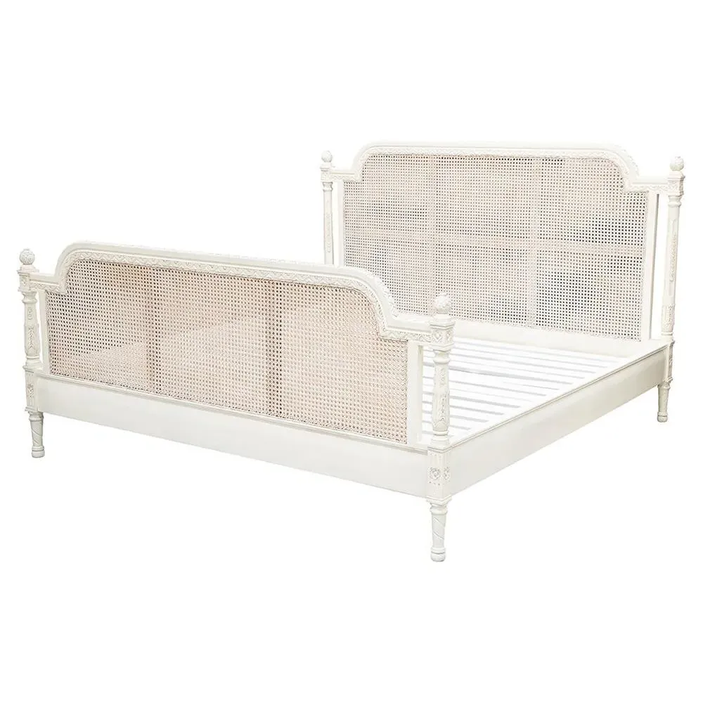 Lily King Size Bed Frame - Antique White, Cane Wood