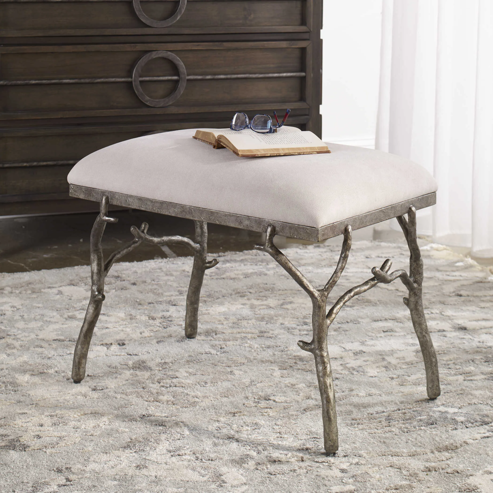Lily Upholstered Branch Stool - Beige, Iron