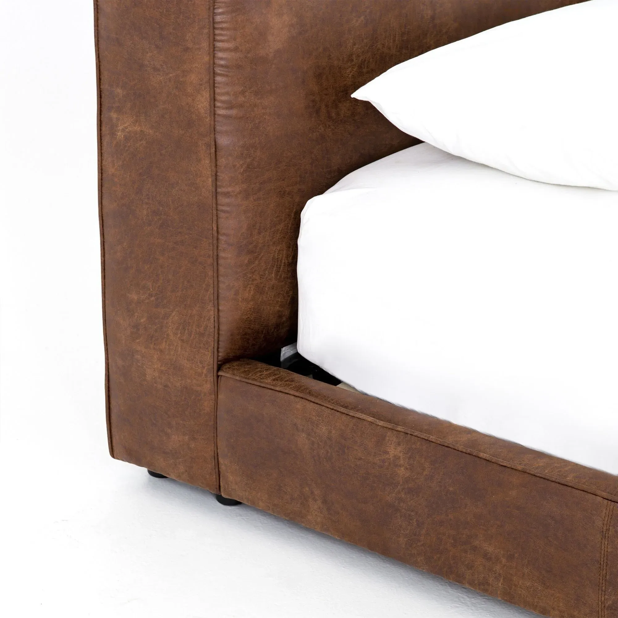 Linus Queen Size Platform Bed - Brown, Faux Leather