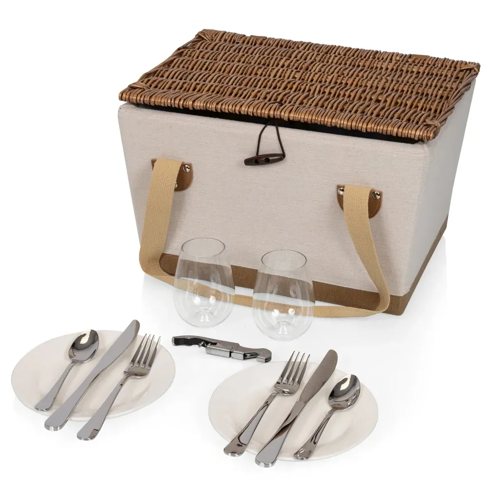 Lionel Picnic Basket with Serveware for 2 - Beige, Canvas