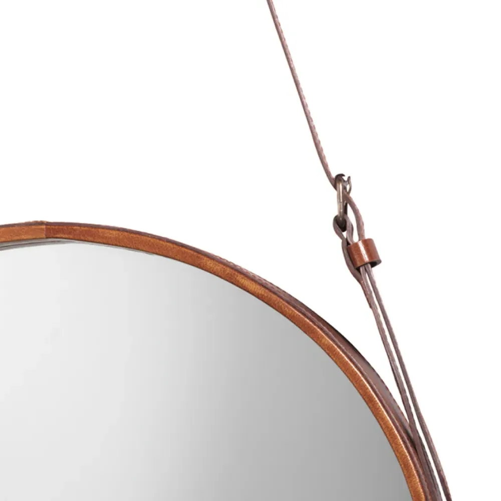 Logan Round Wall Mirror - Brown, Leather