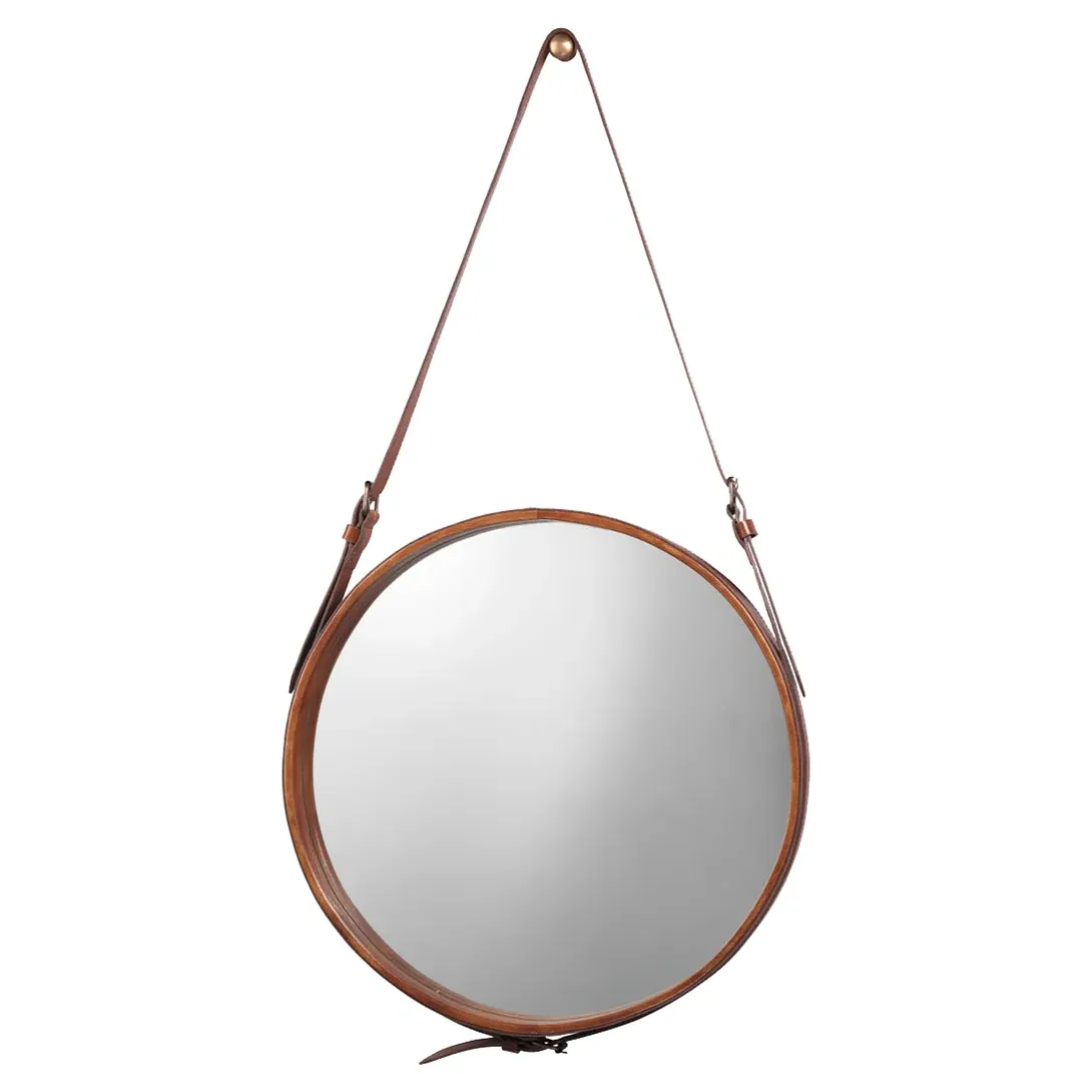 Logan Round Wall Mirror - Brown, Leather