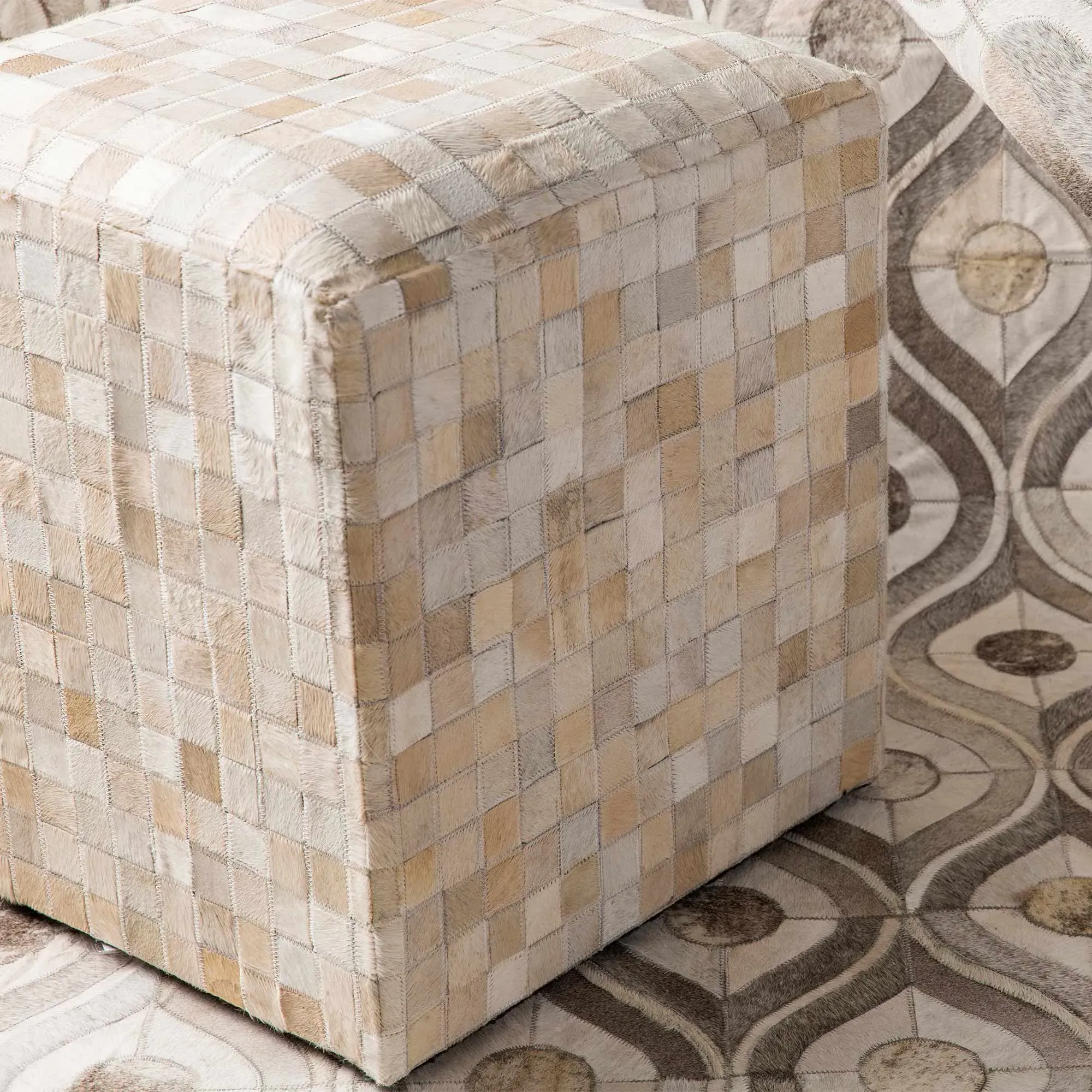 Lola Square Pouf - Beige, Hair On Hide Leather