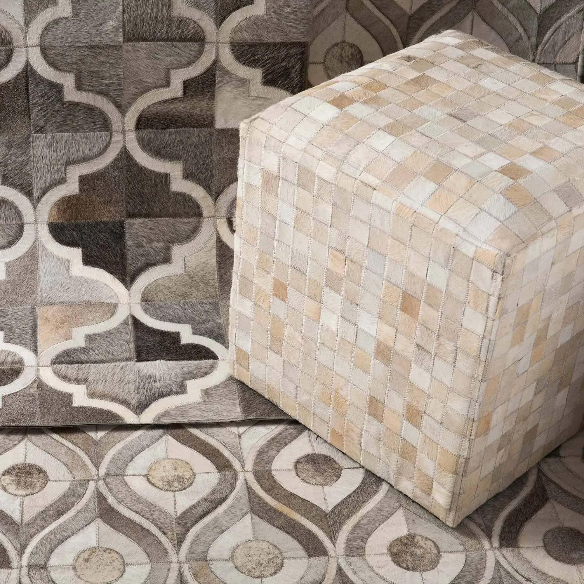 Lola Square Pouf - Beige, Hair On Hide Leather