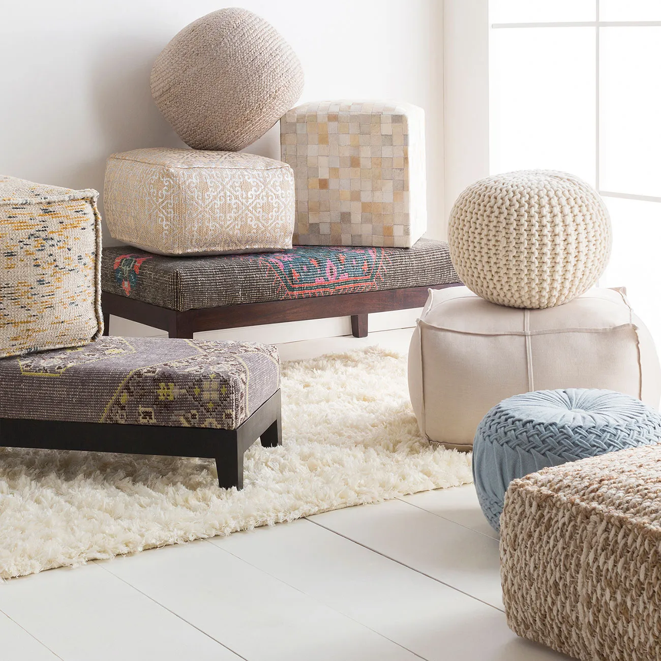 Lola Square Pouf - Beige, Hair On Hide Leather