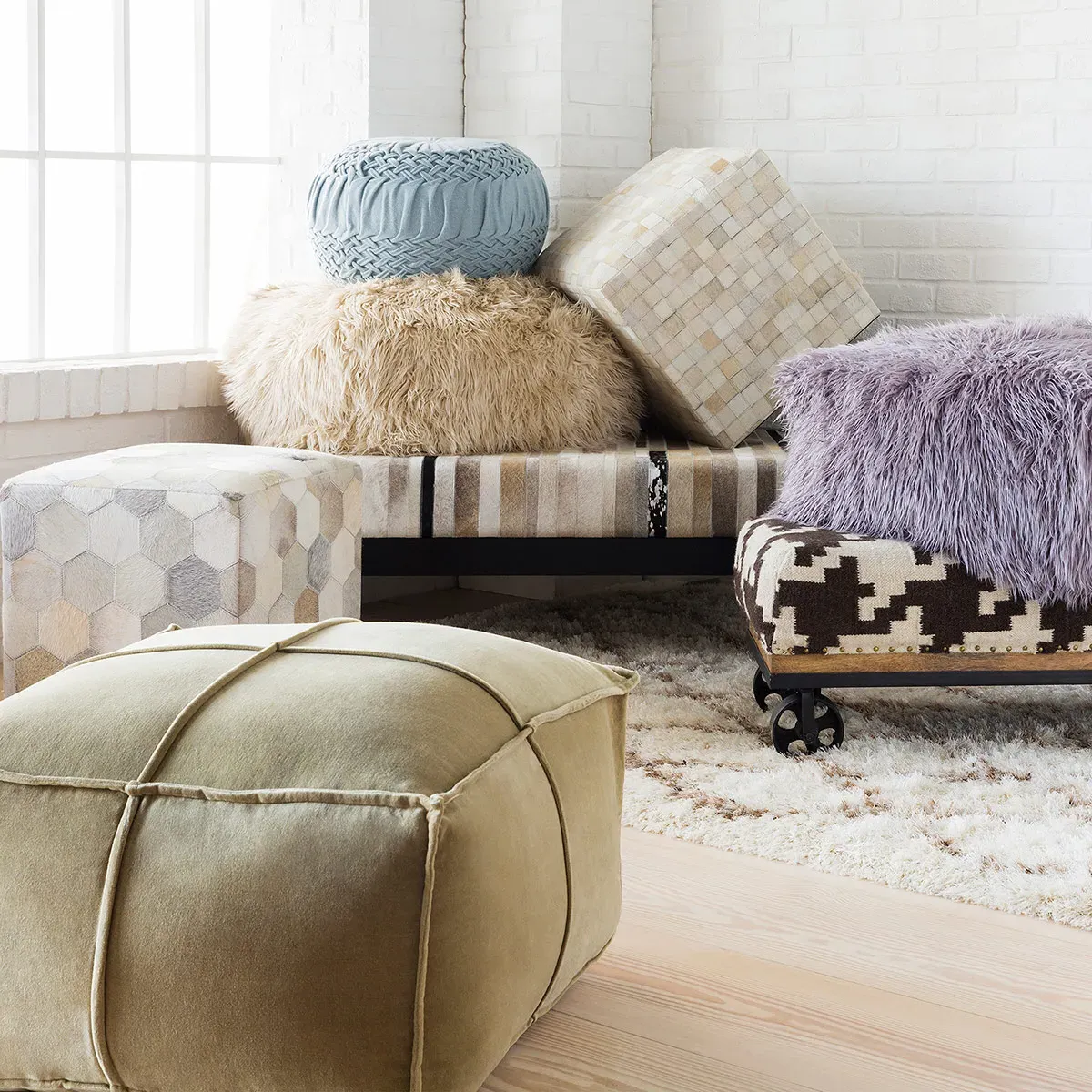 Lola Square Pouf - Beige, Hair On Hide Leather