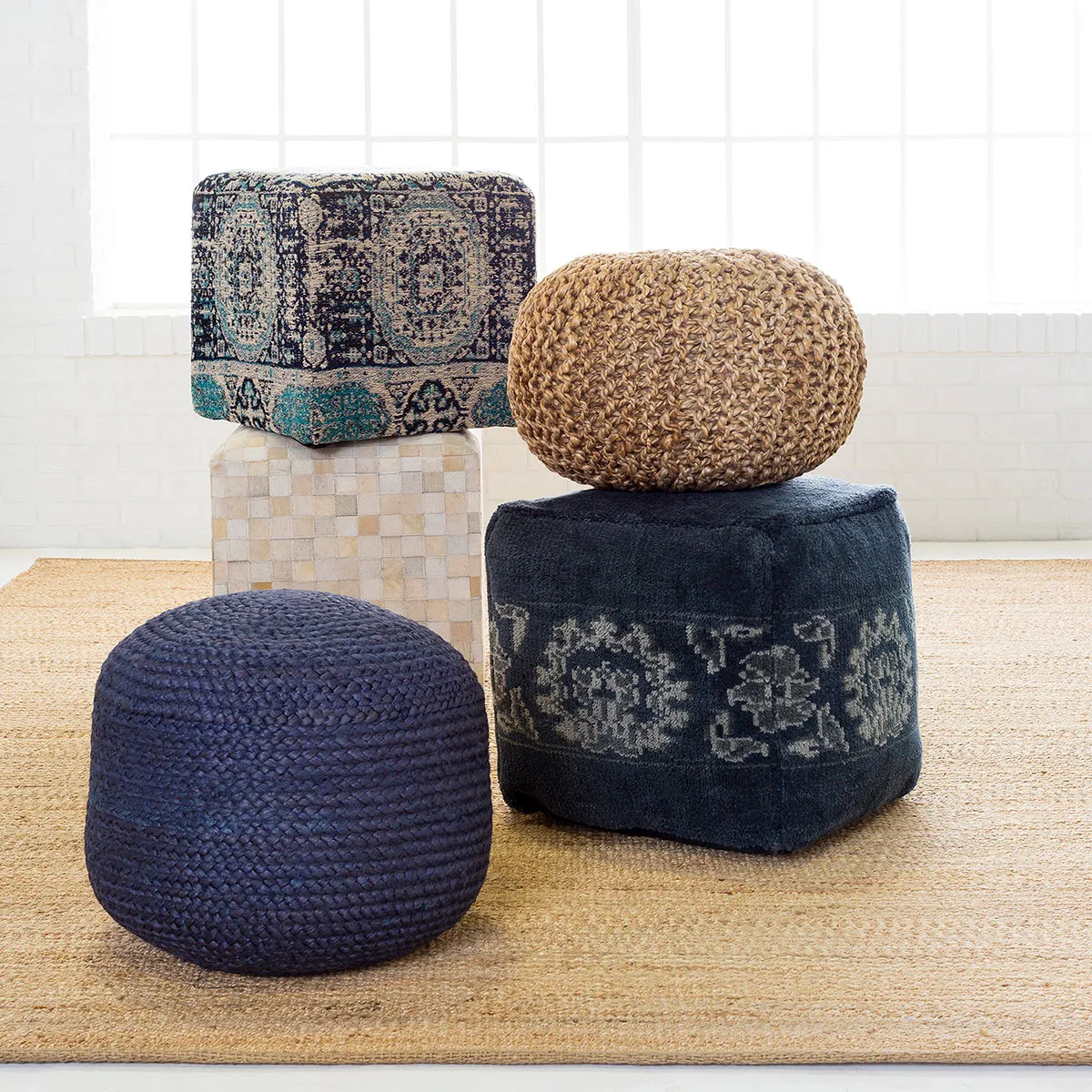 Lola Square Pouf - Beige, Hair On Hide Leather