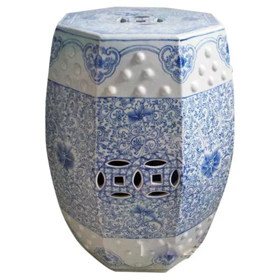 Louis Hexagonal Garden Stool with Lotus - Blue, Porcelain image
