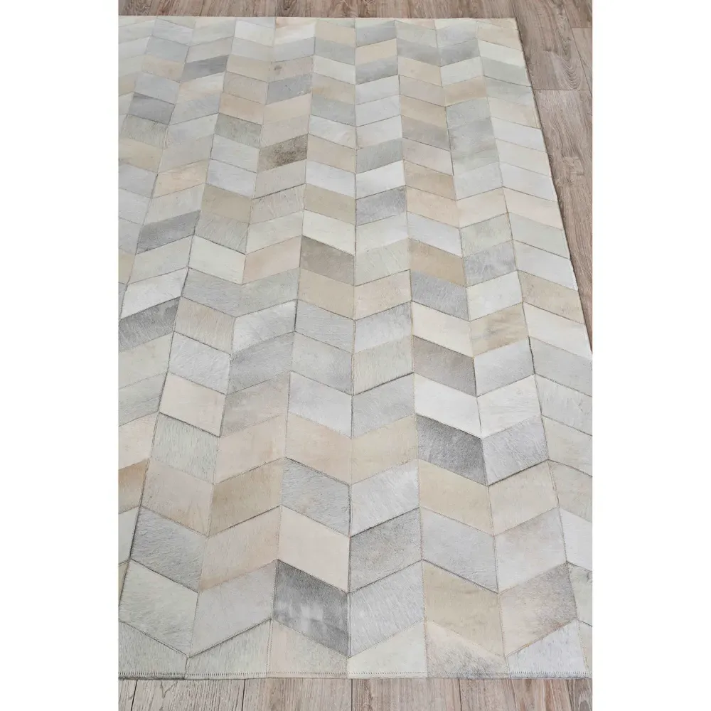 Lucas Herringbone Patterned Rug - Grey, Leather Hide